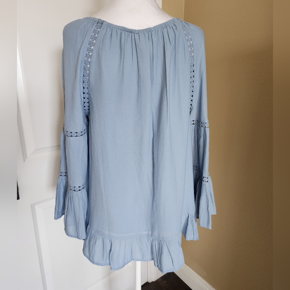 INC International Concepts Women's Ruffled Crochet-Trim Top, Blue,  Size Medium - Picture 7 of 8
